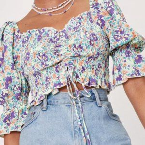 NWT Floral Ruched Front Tie Crop Top with Puff Sleeves Nasty Gal Large